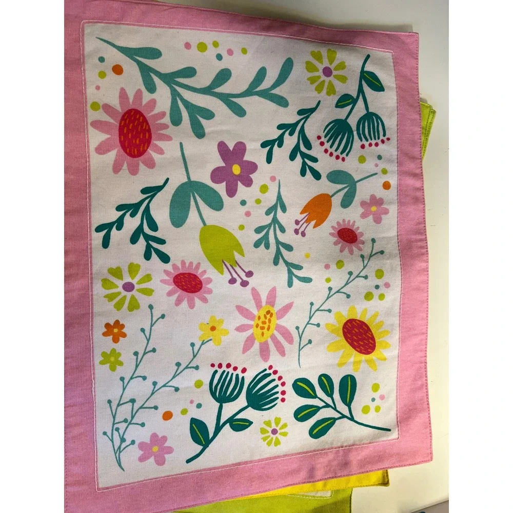 Handmade Set of 6 Floral Placemats Pink Yellow Green Reversible Botanical‎ Print
